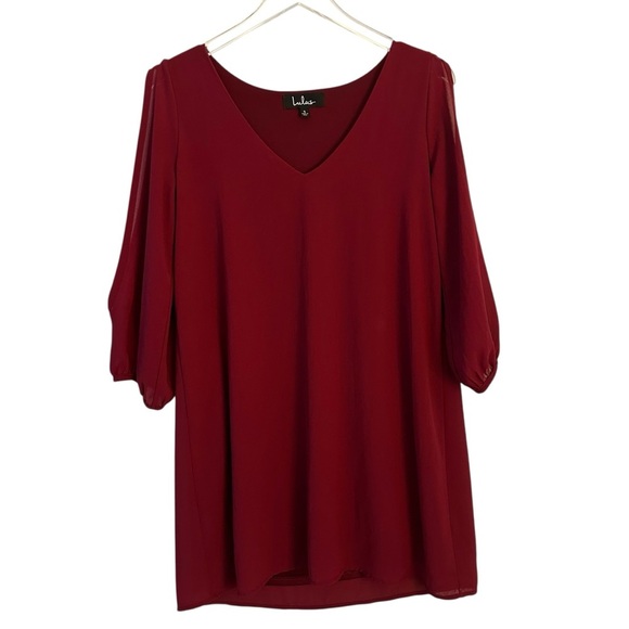 Lulu's | Elegant Burgundy V-Neck Long Sleeve Shift Dress Size Small - Picture 2 of 9